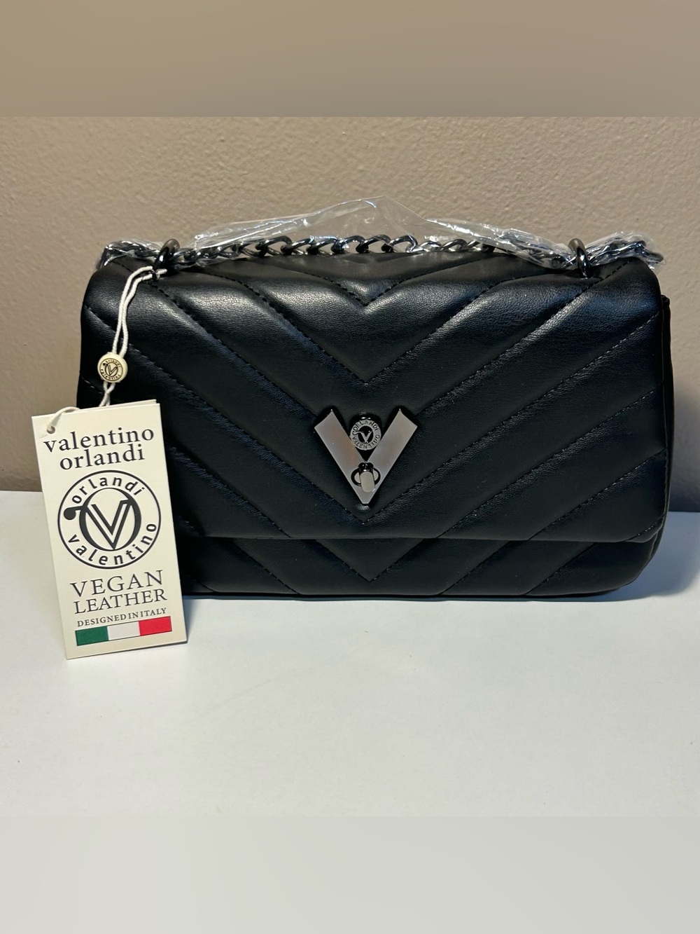 Valentino Orlandi Quilted Crossbody Bag Black Vegan Leather NWT Gunmetal Strap